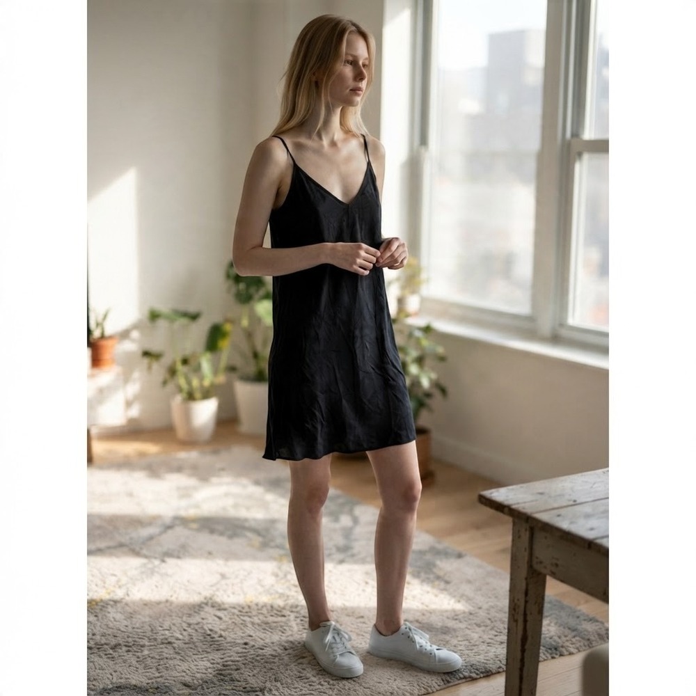 Farm Rio Black V-Neck Slip Dress Adjustable Spaghetti Straps Size Large